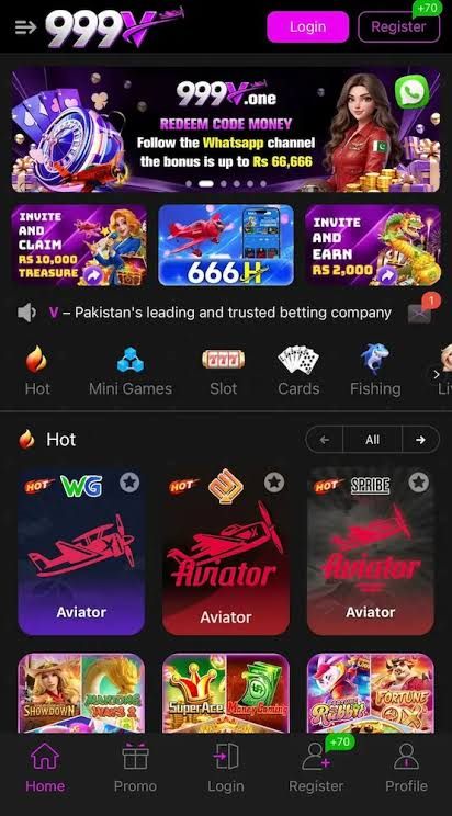 999V home lobby showing the redeem code banner, invite promotions and the Hot, Mini Games, Slot, Cards and Fishing categories