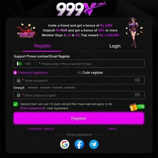 999V registration screen with the +92 phone number field, password fields, strength meter and user agreement checkbox